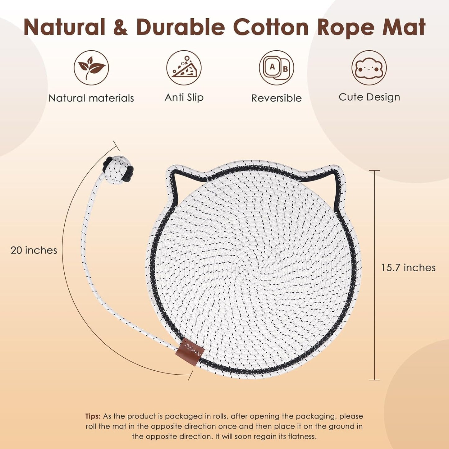 Cat Scratcher Mat, Natural Cotton Rope Cat Scratch Pad, 15.7'' Round Horizontal Floor Cat Scratching Pads for Indoor Cats, Cat Furniture Protector for Wall, Couch, Carpets, Sofas