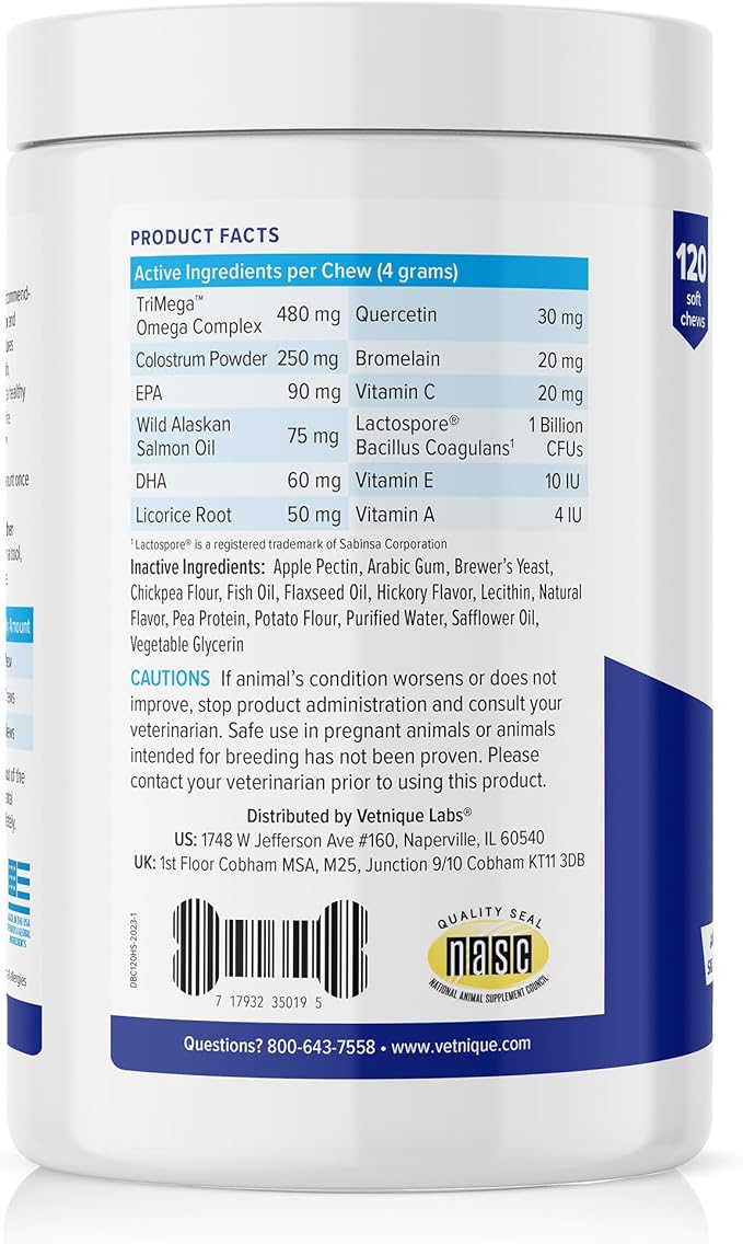 Vetnique Labs Dermabliss Dog Allergy Relief & Immune Support Supplement Allergy Chews for Dogs Itching and Licking with Omega 3 Fish Oil & Probiotics for Itch Relief - Vet Recommended (120 Ct Chews)