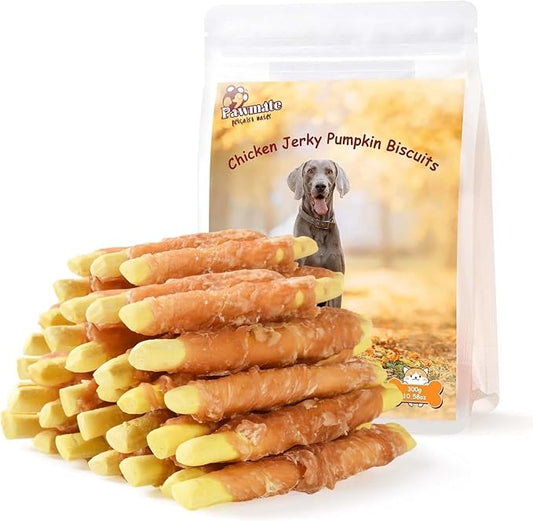 Dog Treats Pumpkin Biscuits Chicken Wrapped, Healthy Chewy Snacks High Fiber Low Fat, Training Treats for Small Medium Large Dogs, 10.6 oz