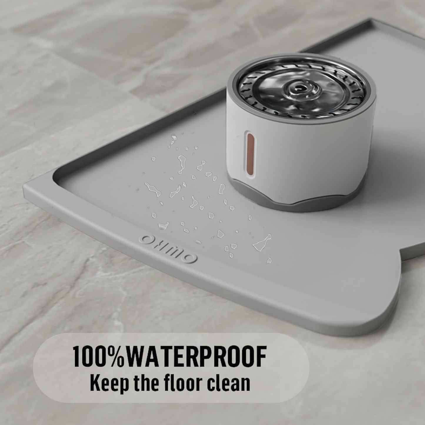 OHMO Dog Food Mat(Ash Light Grey, 24 * 15'') w/Residue Collection Pocket Silicone Pet Feeding Mat for Floor High Edges Anti Spills Waterproof Cat Water Bowl Tray, Easy Clean Placemat