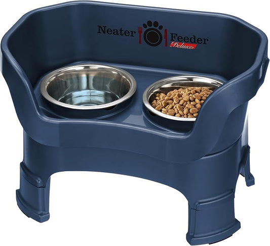 Neater Feeder Deluxe Mess Proof Dog Bowls Elevated Medium Sized Dogs (19-40 lbs) Made in USA, No Spill Raised Dog Food Bowl Stand w/Leg Extension, Stainless Steel Food and Water Bowl Set, Dark Blue