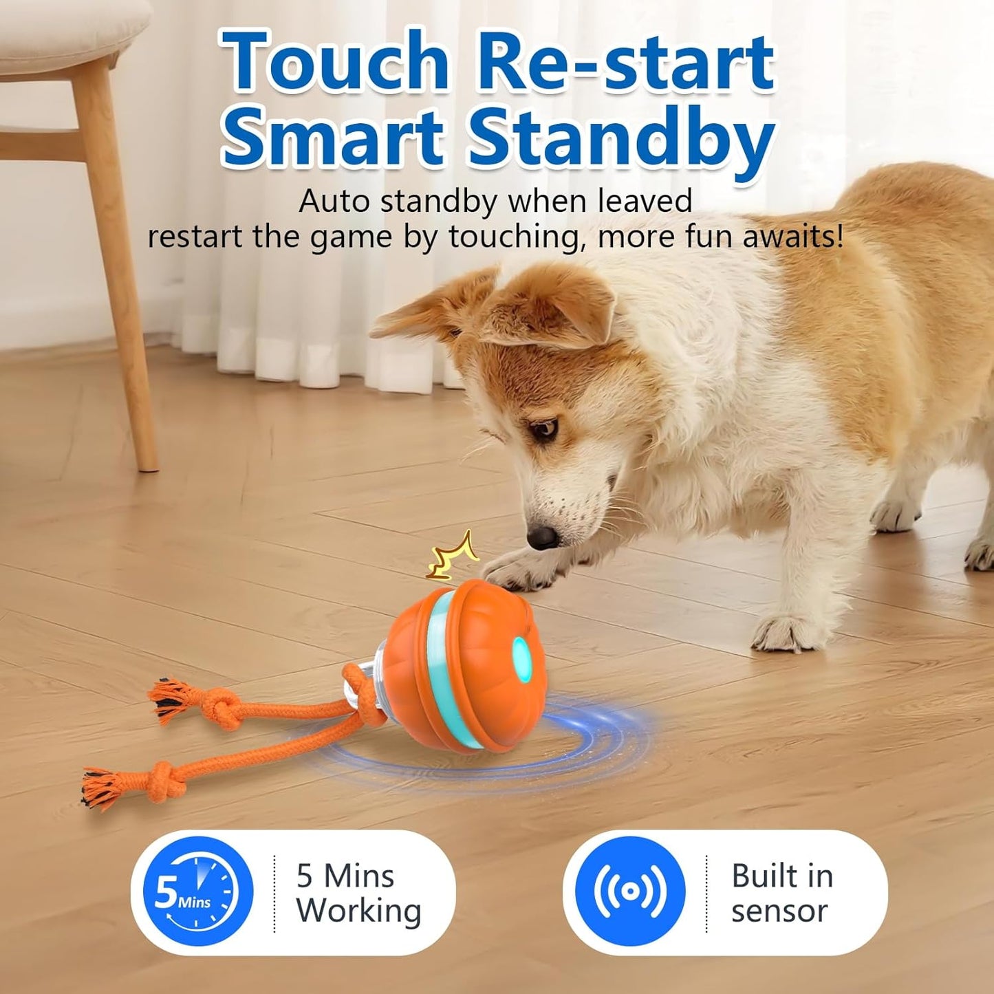 Interactive Dog Toys, Automatic Rolling Ball for Puppy/Small Dogs, Squeak Dog Toy, Touch Activated, USB Rechargeable