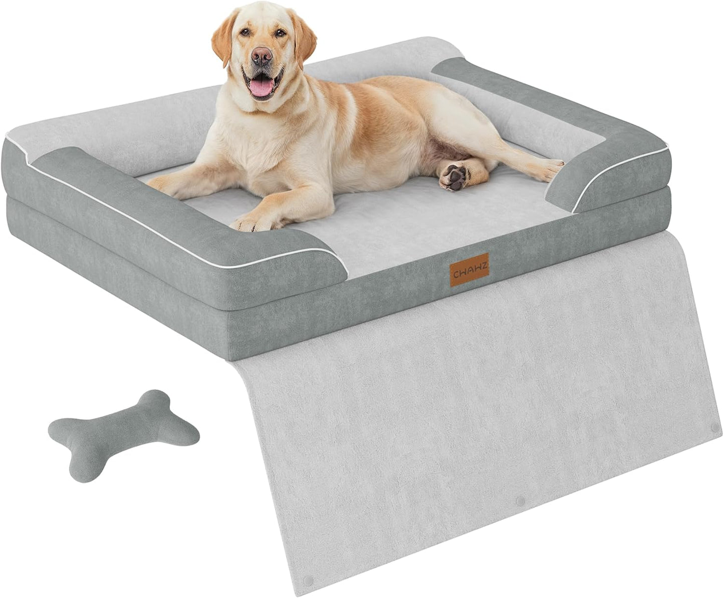 Jumbo Dog Bed for Extra Large Dogs, Orthopedic Dog Beds with Cooling Gel Memory Foam, Waterproof Pet Bed with Removable Washable Cover, 45" Pet Sofa Couch Dutch Velvet with Blanket Bone Toy