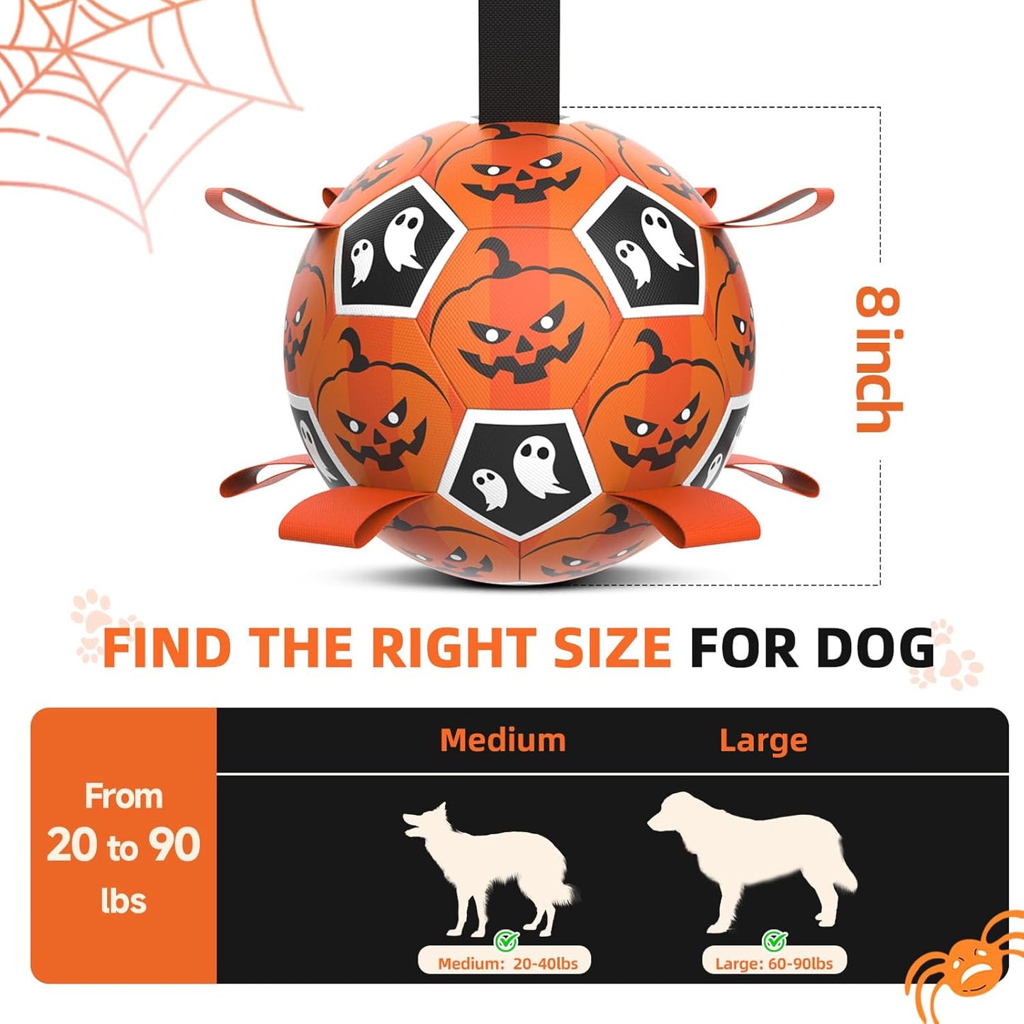 Diman Dog Soccer Ball with Straps, Halloween Dog Toys, Pet Toys Balls for Medium Large, Pet Birthday Gift, Interactive Dogs Toy for Tug of War (7 inch)
