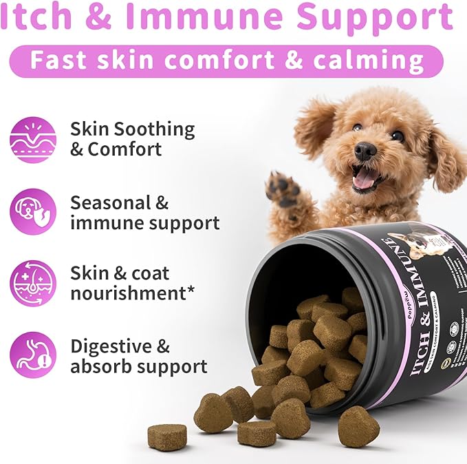 Itch Relief for Dogs - Turmeric Supplements for Itching Skin Comfort & Coat Health & Seasonal Allergy Care, Immune Support Supplement with Omega-3 Fish Oil, Biotin - Chicken Flavor - 90 Count