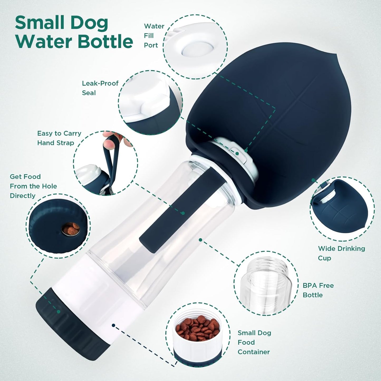 Dog Water Bottle, Pet Water Bottle with Food Container and Drinking Feeder, Leak Proof, BPA-Free, Portable Foldable Puppy Water Cup Dispenser for Outdoor Walking, Travel, Small Dark Blue