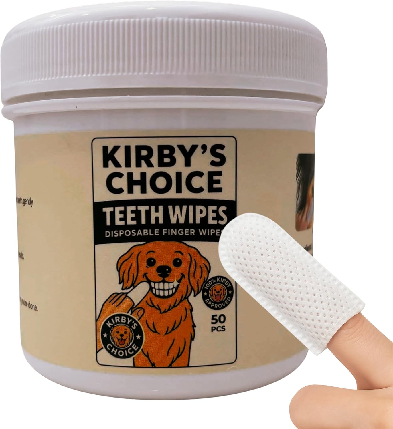 Kirby's Choice Pet Wipes 50 Ct Canister – Dog & Pet Finger Wipes for Teeth & Ears – Gentle Grooming Wipes for Oral Care & Ear Cleaning – Safe, Durable & Easy to Use (Teeth)