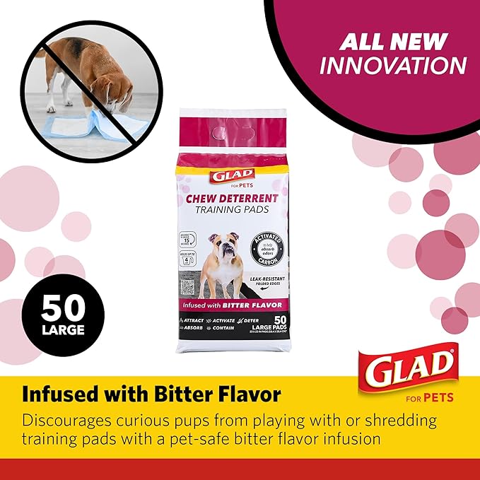 Glad for Pets Activated Carbon Puppy Training Pads with Chew Deterrent, 23”x23” | Ultra Absorbent, Odor Control, Heavy Duty Puppy Potty Training Pads| New & Improved Quality Puppy Pee Pads