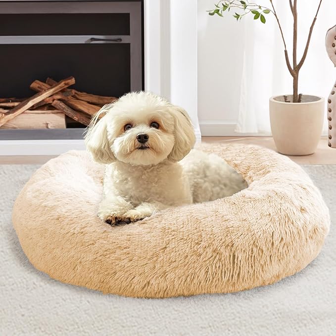 JOLLYVOGUE Calming Dog & Cat Bed for Small Dogs, Anti-Anxiety Donut Cuddler Cozy Soft Round Bed with Anti-Slip Bottom, Fluffy Faux Fur Plush Cushion Beds for Small Medium Dogs (27")