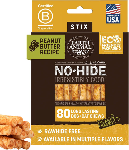 Earth Animal No-Hide Stix Peanut Butter Recipe Natural Rawhide Alternative Dog & Cat Chews - 80 Count Extra Value Pack