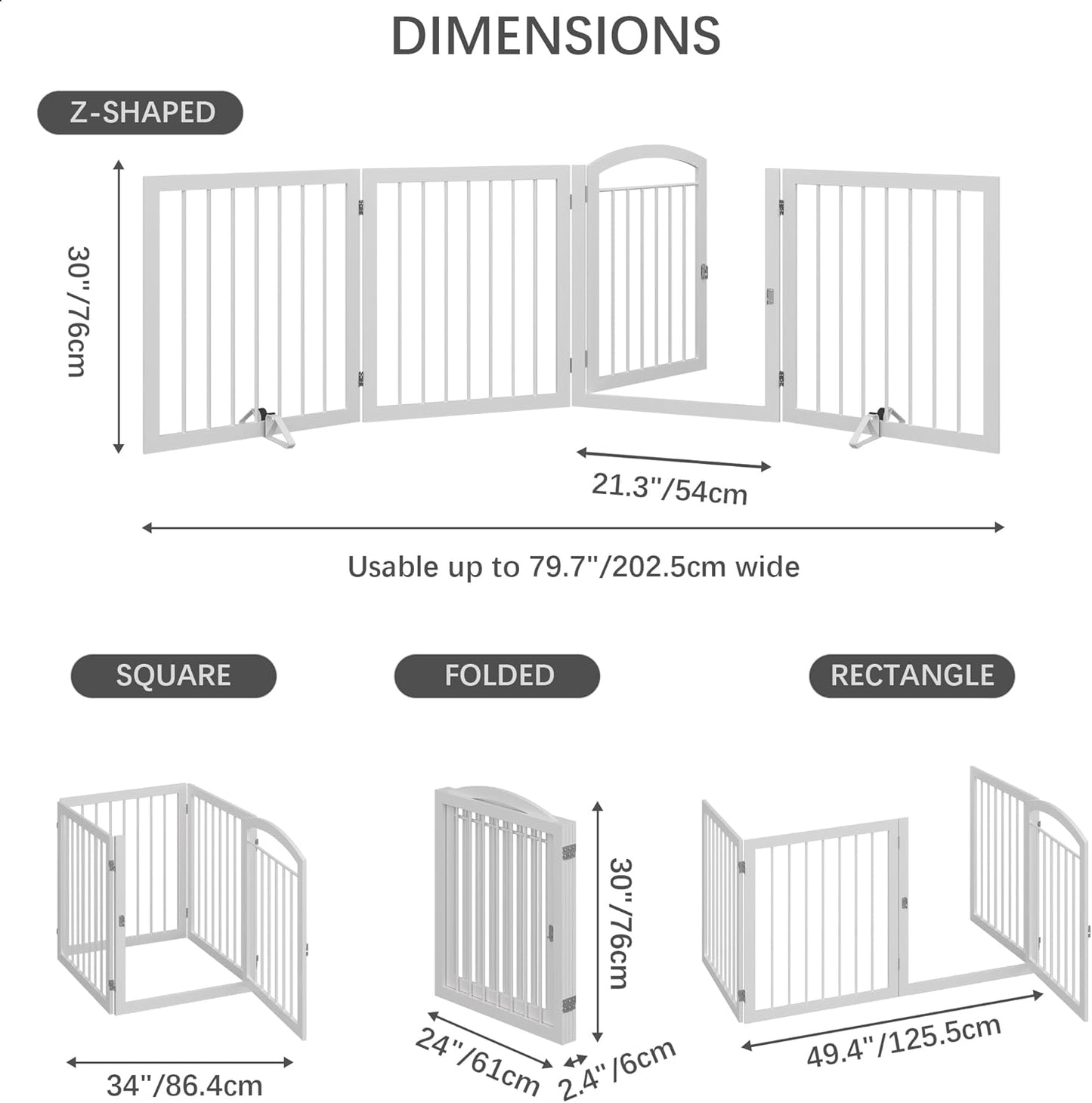 JSB 96-inch Extra Wide 30-inch Tall Dog gate with Door Walk Through, Freestanding Round Tube Pet Gate for Halls Stairs, Puppy Safety Dog Fence with 2PCS Support Feet (White)
