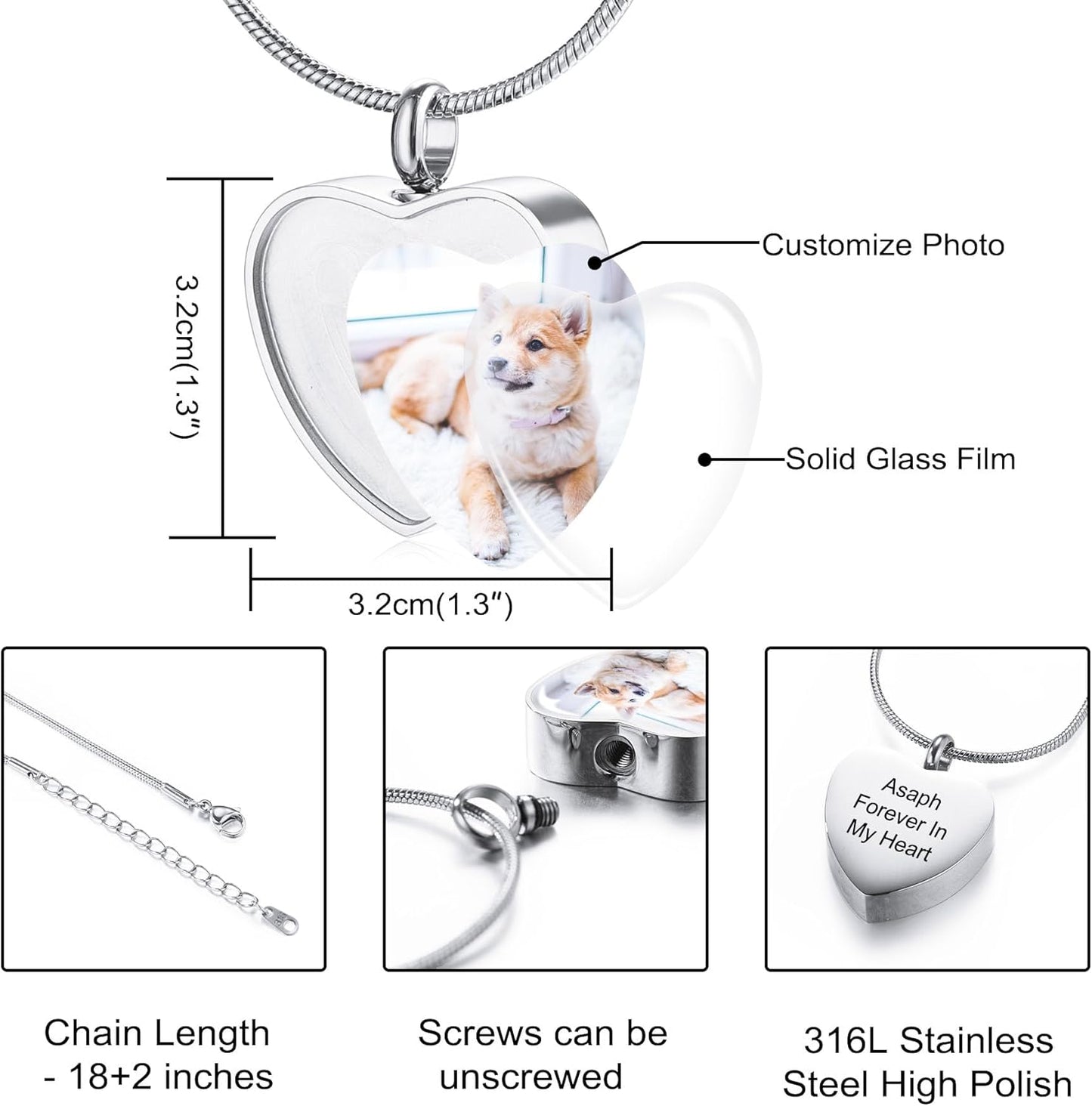 MeMeDIY Personalized Heart Paw Print Ashes Urn Pendant Necklace Custom Name/Photo/Date for Women Men Pet Lover Stainless Steel Memorial Dog Cat Pet Keepsake with Funnel Fill Kit Angel Wing