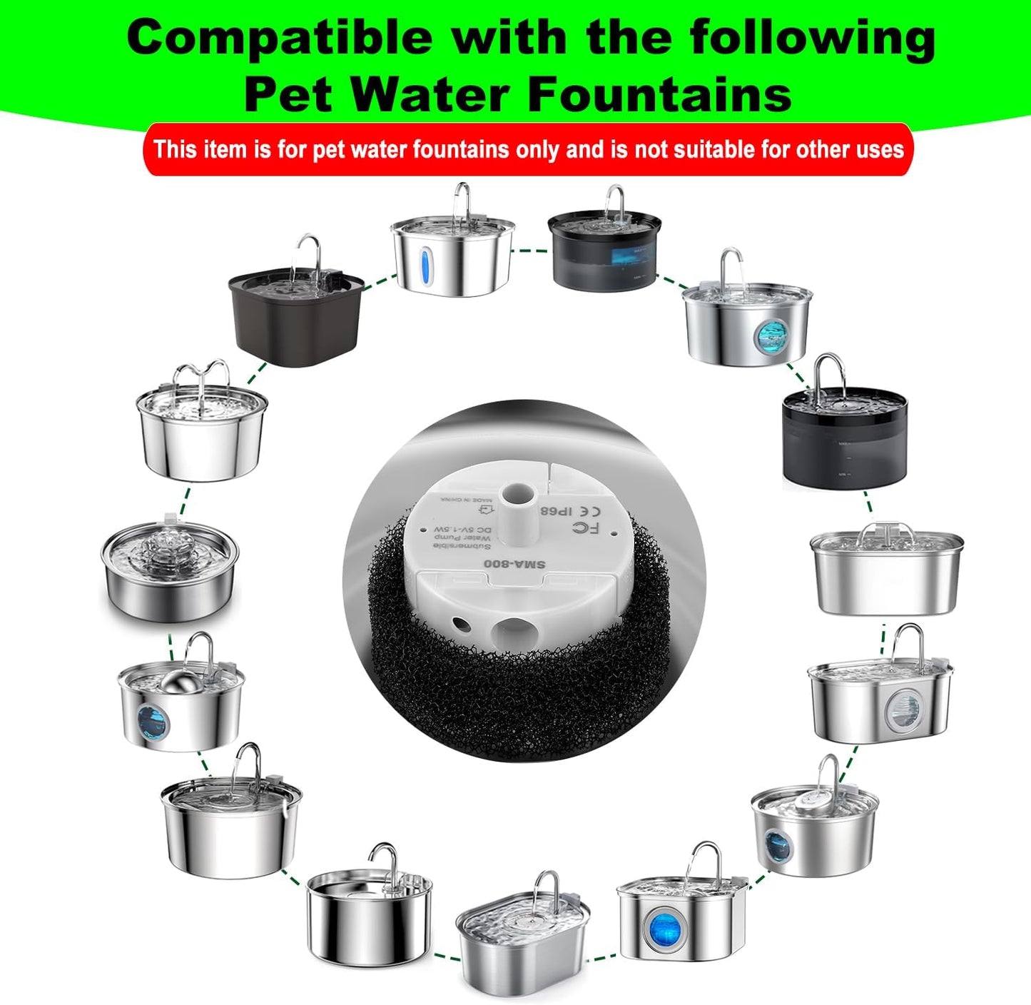 Cat Water Fountain Pump,Pet Water Fountains Pumps Replacement SMA-800 Submersible Motor,Cat Fountain Pump for Stainless Steel Cat Water Dispenser