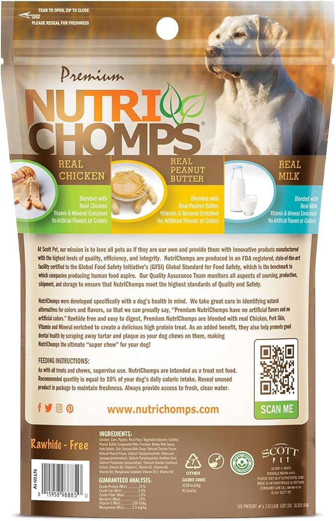 NutriChomps Dog Chews, 5 inch Twists, Real Chicken, Peanut Butter and Milk Flavors, 15 Count, Easy to Digest, Rawhide Free Dog Treats, Long Lasting, Vitamin and Mineral Enriched