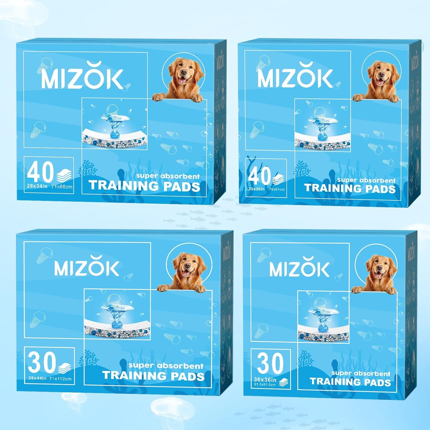 MIZOK Puppy Pads Extra Large 28"x34", 40 Count, XL Dog Pads Super Absorbent & Leak-Proof, Pee Pads for Dogs with Jellyfish Pattern