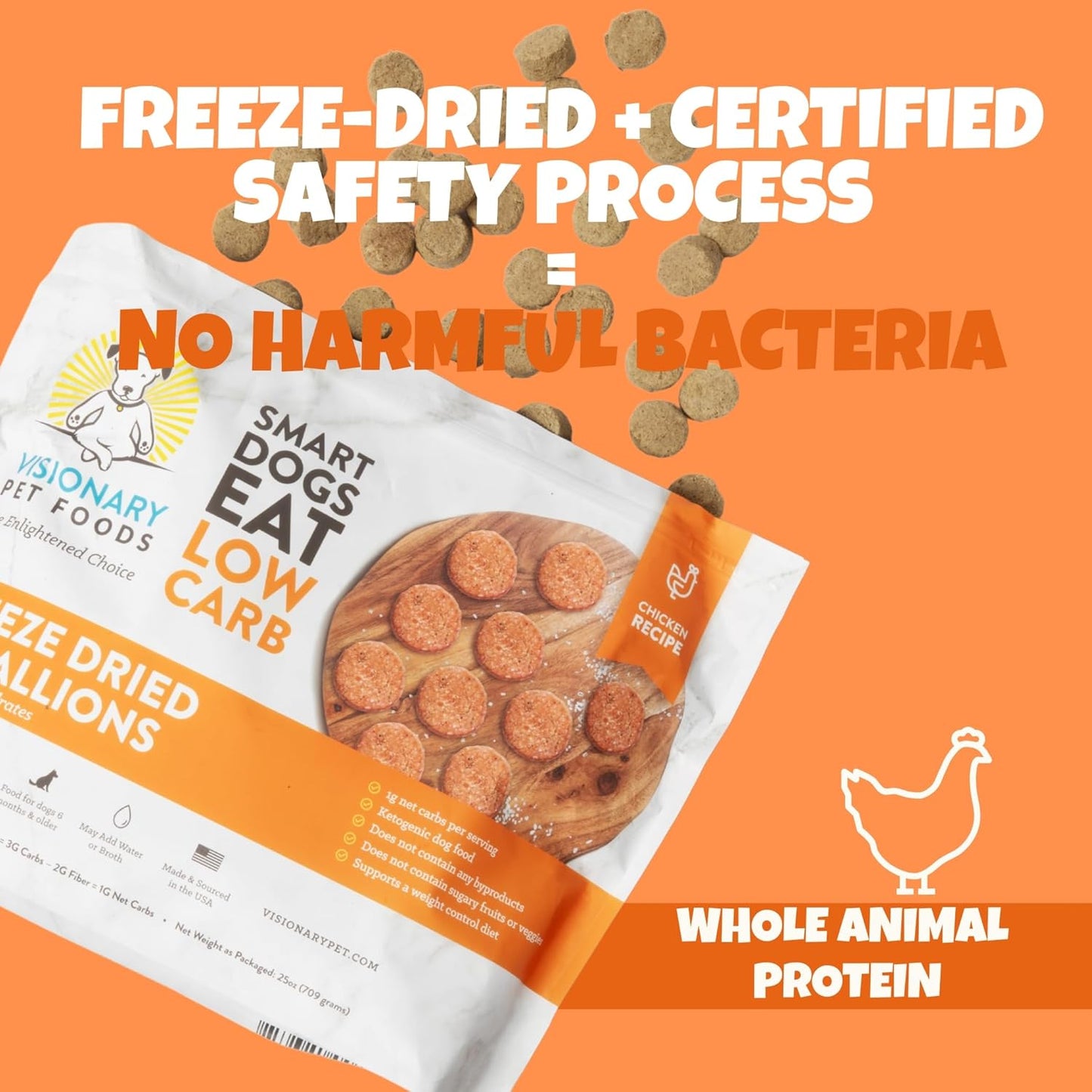 Visionary Pet Foods Chicken Freeze Dried Dog Treats - 155x Medallions Keto and Diabetic Friendly - Additive Free, Made in USA Low Carb, High Protein - Healthy Dog Training Treats, Resealable Bag