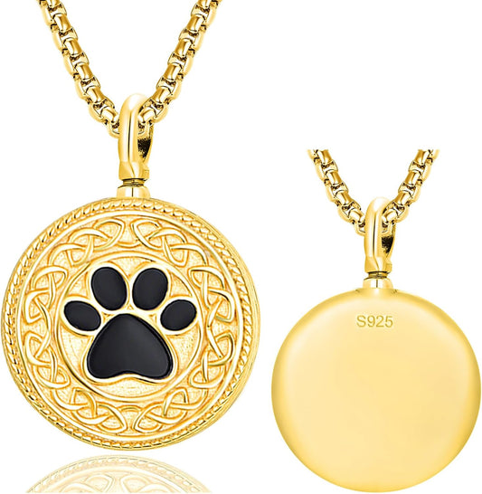 Pet Cremation Urn Necklace for Dog Cat Ashes 925 Sterling Silver Paw Print Keepsake Pendant Celtic Knot Memorial Jewelry for Women Men