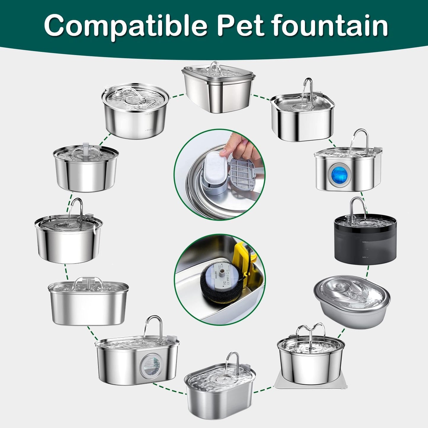 Cat Water Fountain Filters,Cat Fountain Replacement Filters for Stainless Steel 108oz/3.2L&67oz/2L Adjustable Water Flow Pet Water Fountain,Dog Water Fountain (16+16 Pack)