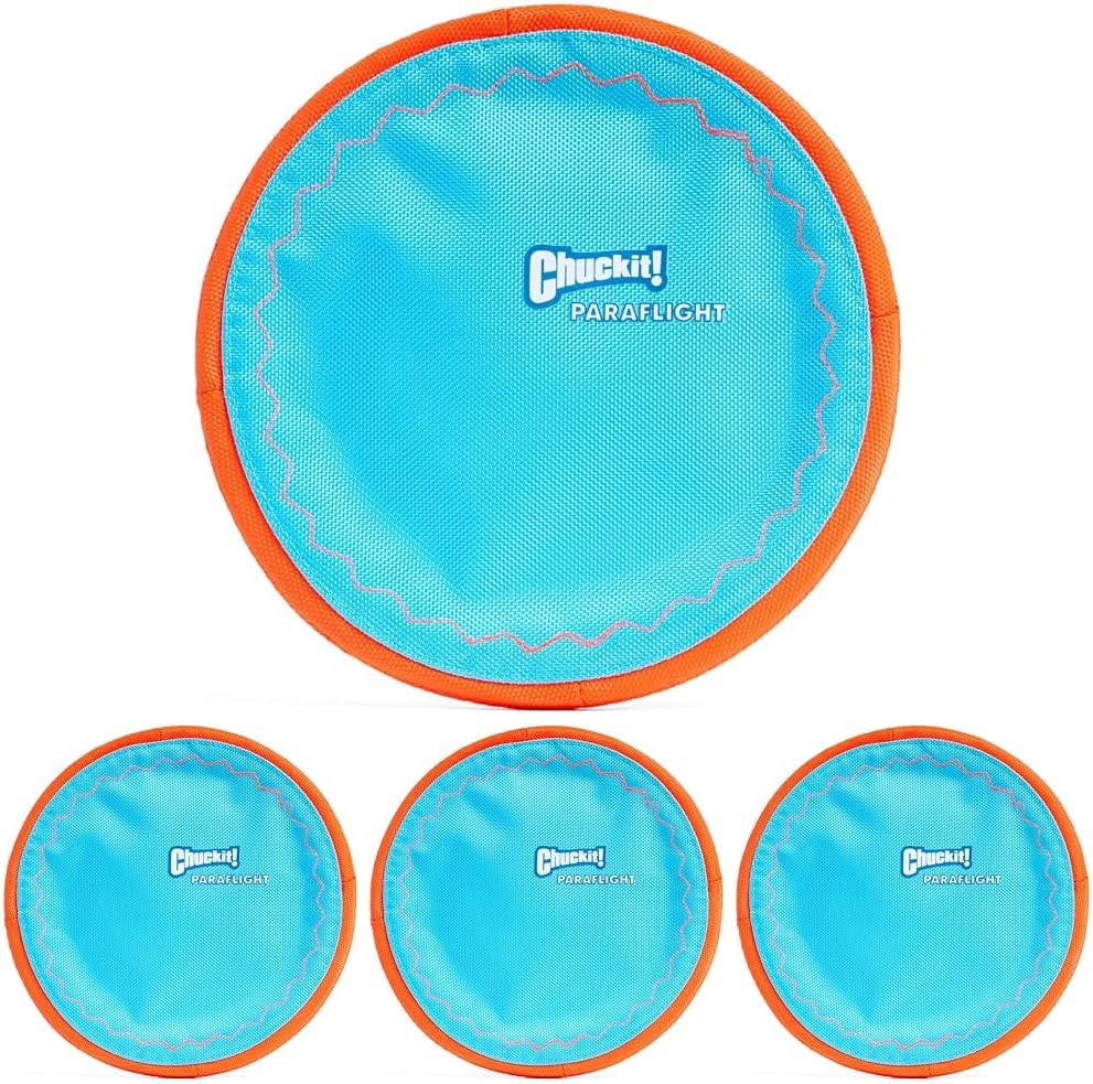 Chuckit! Paraflight Flying Disc Dog Toy - Water Floating Flyer - Durable Nylon Construction with Soft Rubber Edges - for Medium and Large Dogs - Size Large - 9.75" L x 9.75" W - Pack of 4
