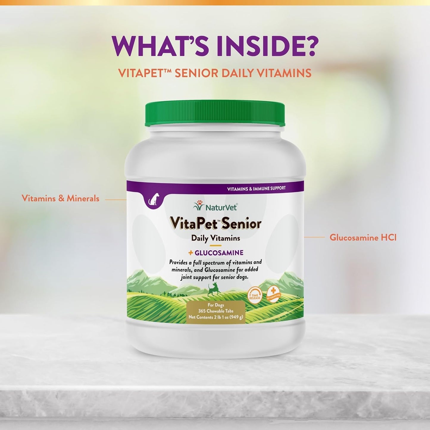 NaturVet –VitaPet Senior Daily Vitamins for Senior Dogs – Plus Glucosamine – Full Spectrum of Vitamins & Minerals – Enhanced with Glucosamine for Added Joint Support – 365 Time Release Tablets