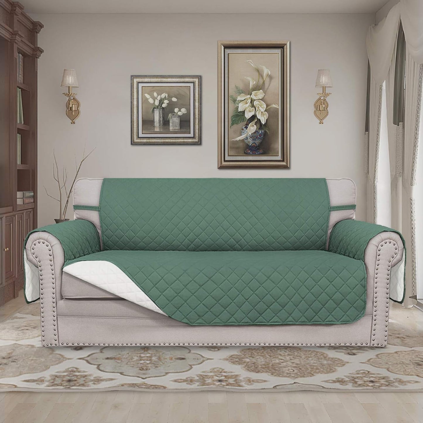 Easy-Going Sofa Slipcover Reversible Loveseat Sofa Cover Couch Cover for 2 Cushion Couch Furniture Protector with Elastic Straps for Pets Kids Dog Cat (Oversized Loveseat, Cyan/Ivory)