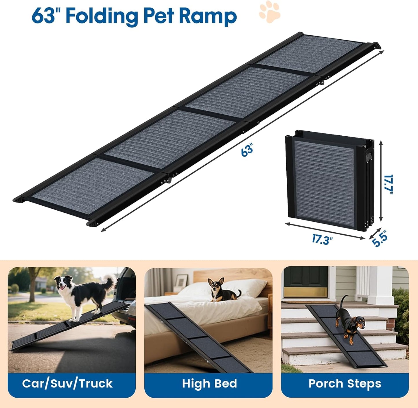 HBTower 63" Long & 17.3" Wide Folding Dog Ramp for Car, SUV & Truck – Portable Pet Ramp with Non-Slip Surface, Extra Wide Steps for Large Dogs Up to 250LBS
