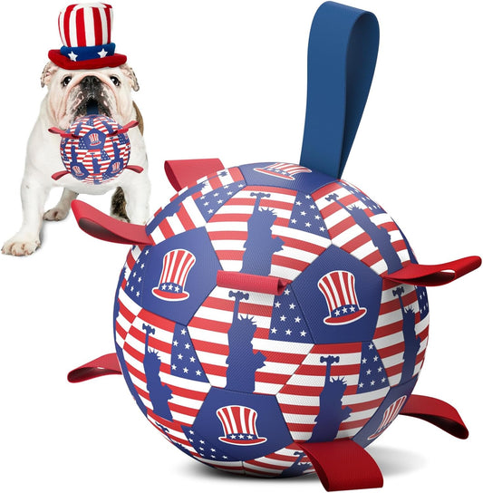 Diman Dog Toy Soccer Ball : Outdoor Dog Toys, Dog's Independence Day Gift, Dogs Soccer Ball with Straps for Tug of War, Pet Birthday Gift for Small Medium (6 Inch)
