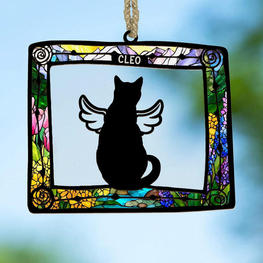 Personalized Cat Memorial Suncatcher – Custom Pet Loss Ornament with Rainbow Stained Glass Frame and Angel Wings Silhouette – Cat Bereavement Gift for Window, Car Mirror, or Sympathy Display