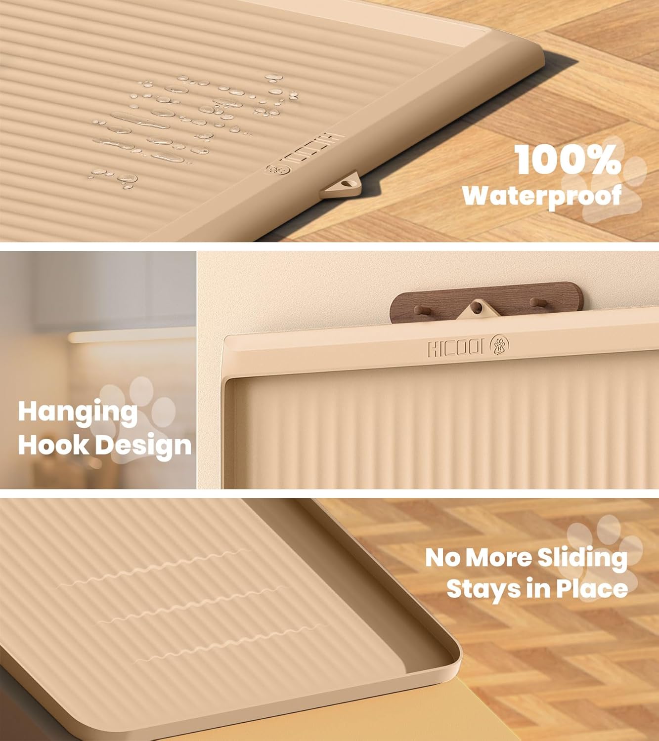 Dog Food Mat 36"x24", Waterproof Pet Feeding Mat with Diversion Grooves and Raised Edges, Large Non-Slip Dog Bowl Mat for Food and Water, Cat Food Mat for Floors, Easy to Clean, Khaki