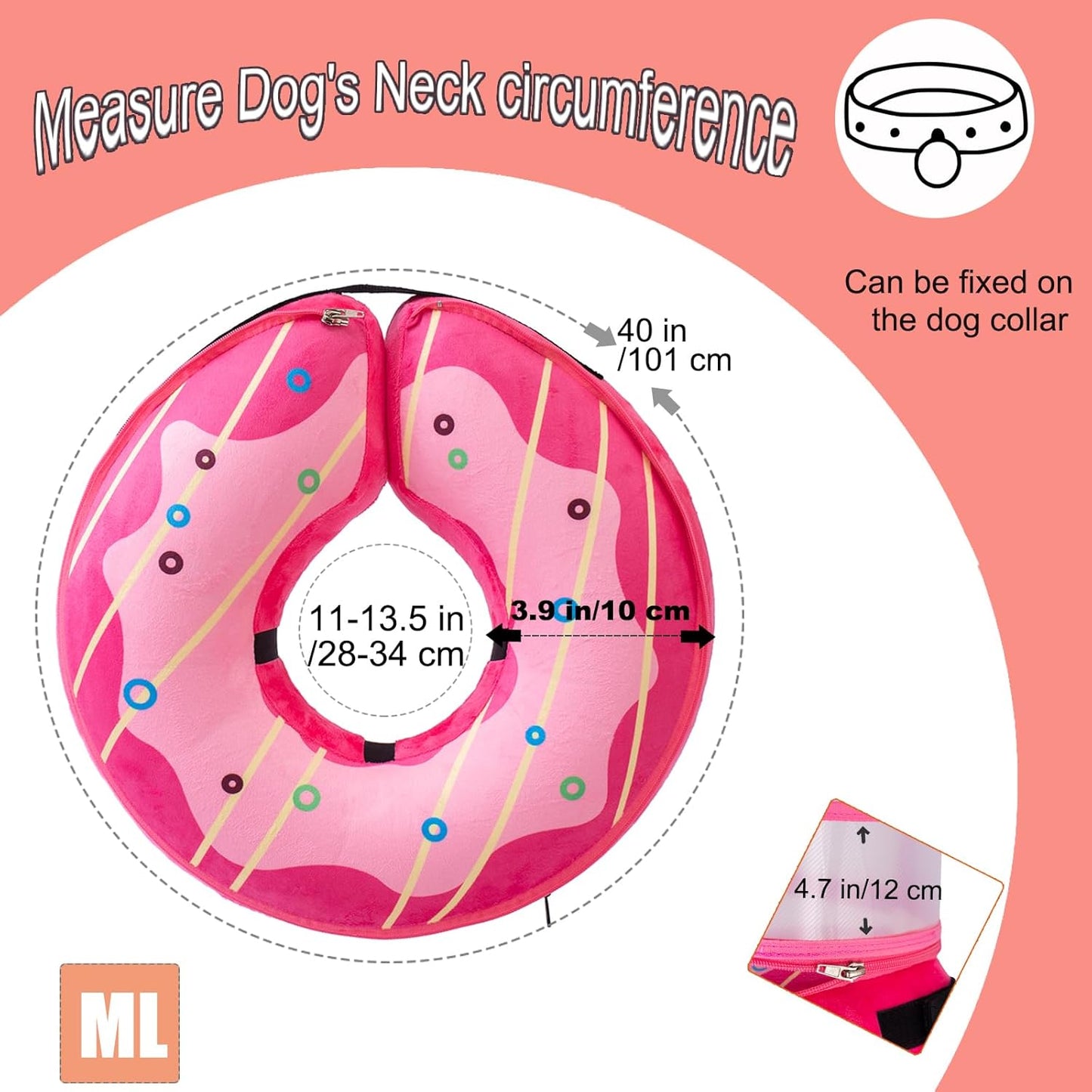 Inflatable Dog Cone Collar for Large Medium Small Dogs, Soft Dog Donut Collar Adjustable Recovery Cone for Pets After Surgery, Extra Enhanced Anti-Licking Guard Shield (Pink Donut, Medium Plus)