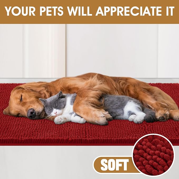 Dog Door Mats for Muddy Paws, Chenille Absorbent Dog Mats, Non Slip Heavy Mud Mat for Dogs, Soft Pet Mat for Entryway, Mud Paws, Inside Floor,48" x 38", Red