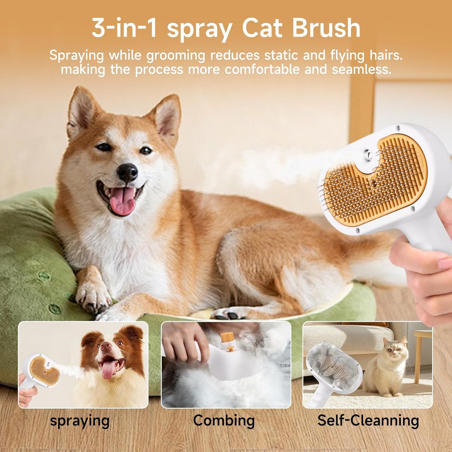 Pet Steam Brush for Dog & Cat – 3-in-1 Spray Hair Removal Comb – Steam for Shedding & Grooming – Water Brush for Long & Short Haired Pets – Spritz Defur Comb