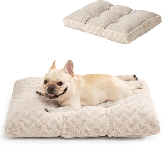 EHEYCIGA Reversible Dog Crate Bed Washable, Comfort Fluffy Plush Dog Kennel Pad Medium Size Dogs and Cats, Deluxe Machine Washable Pet Sleeping Mats, 29" x 21"x 3", Beige