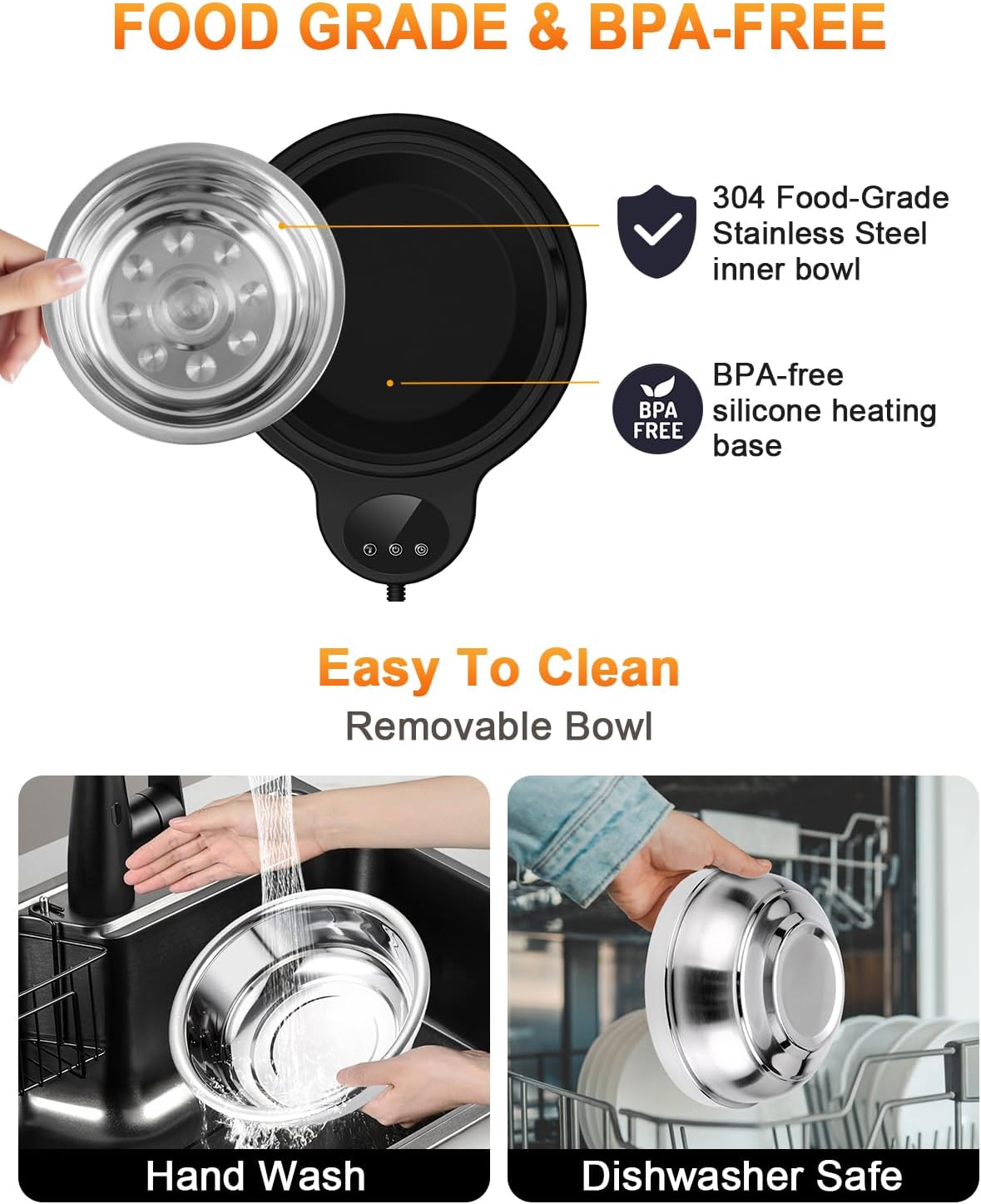 Heated Water Bowl for Dog & Cat, 3 Temperature Settings & 12H Timer, Outdoor Heated Pet Bowl with BPA-Free and 50oz Removable Stainless Steel Bowl, Anti-Chew Cord, for Chickens, Ducks, Birds