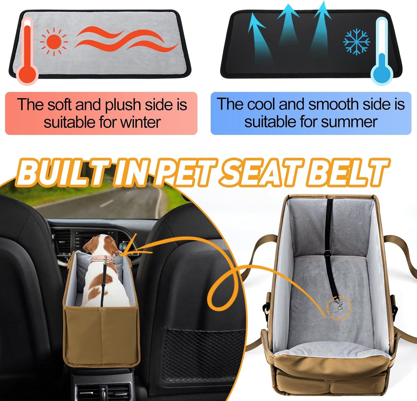 Portable Dog Car Seat for Small Dogs - Adjustable Safety Leash, Washable Cushion & Storage Pocket - Pet Booster Seat for Car Travel- Khaki