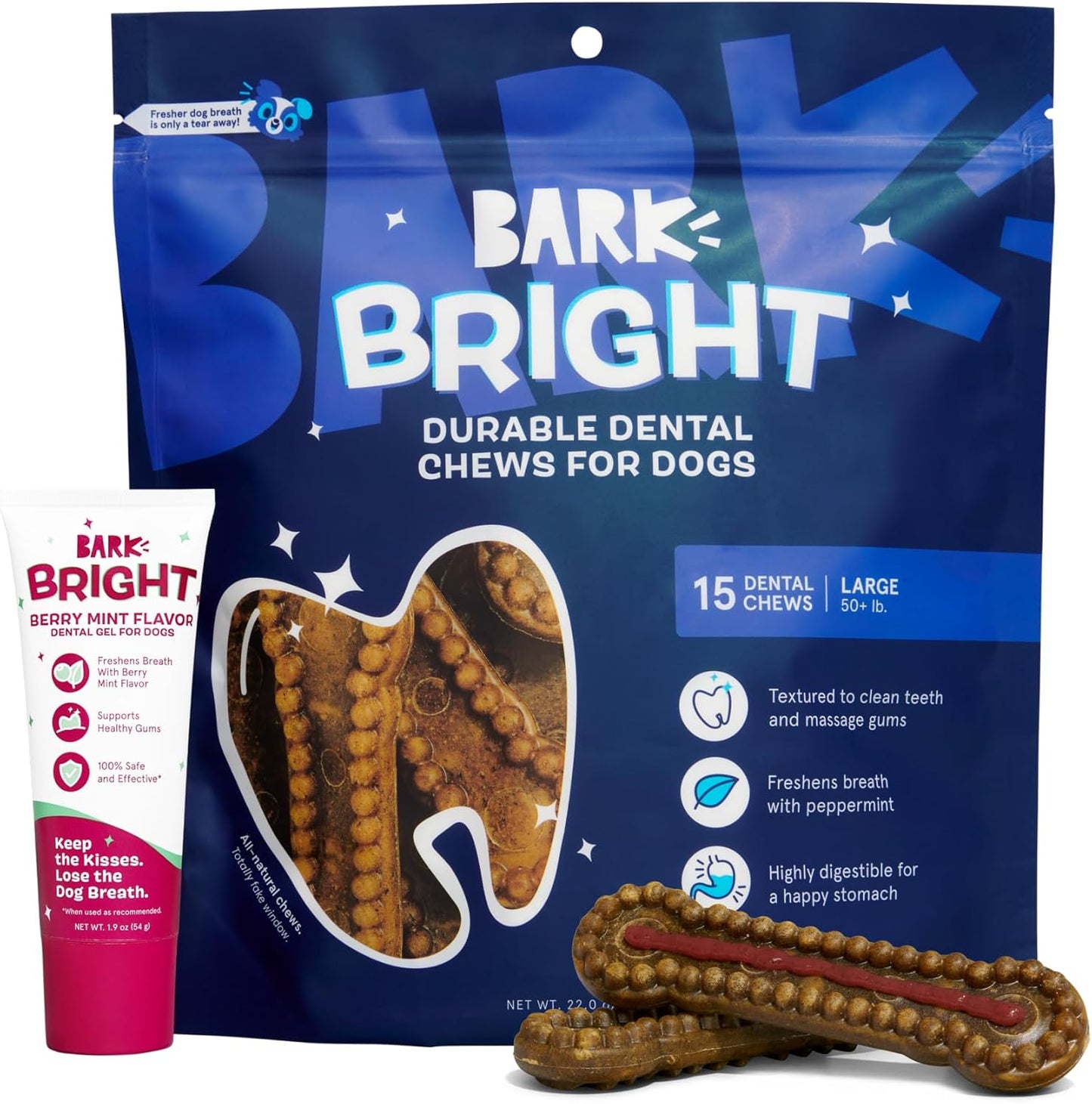 Barkbox Bright Durable Dental Kit, Berry Mint Flavored, 15 Chew Sticks & Toothpaste - Large Breeds