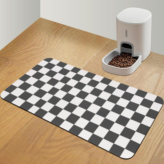 Checkered Pet Feeding Mat, Absorbent Dog Mat for Food and Water Bowls Dispenser 17" x 32" Black