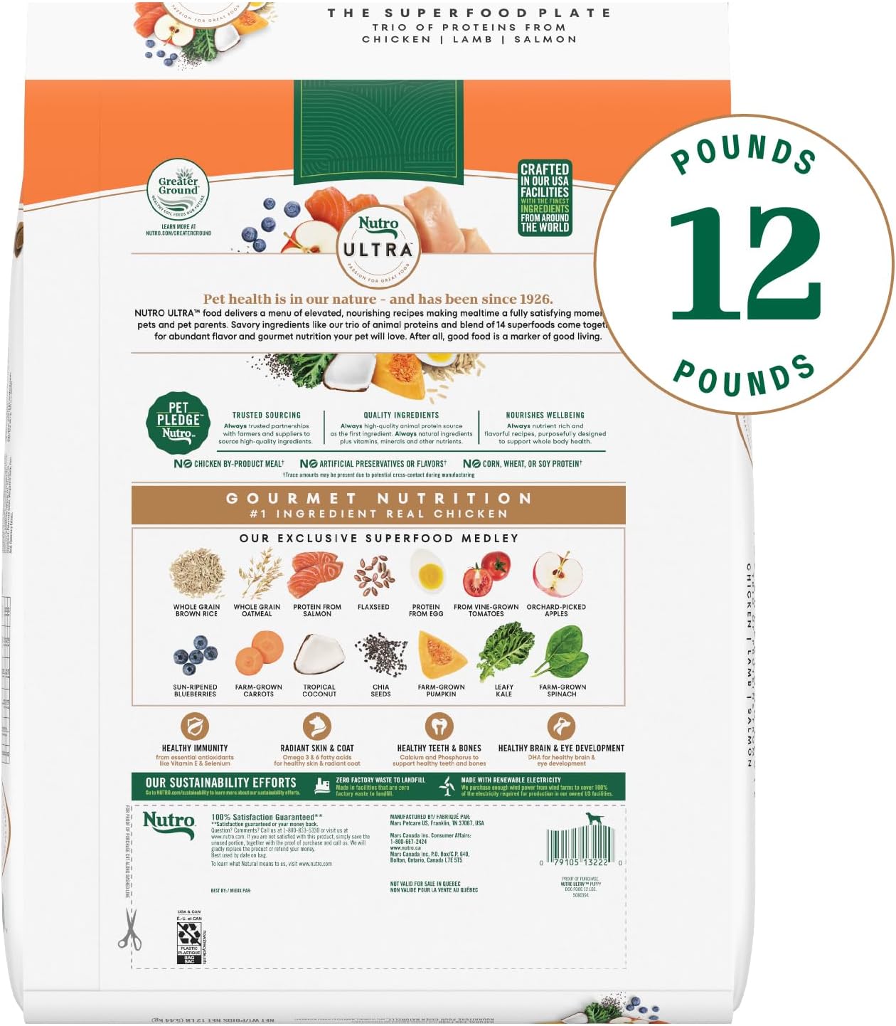 Nutro Ultra High Protein Dry Puppy Food, Trio of Proteins from Chicken, Lamb and Salmon, 12 lb Bag