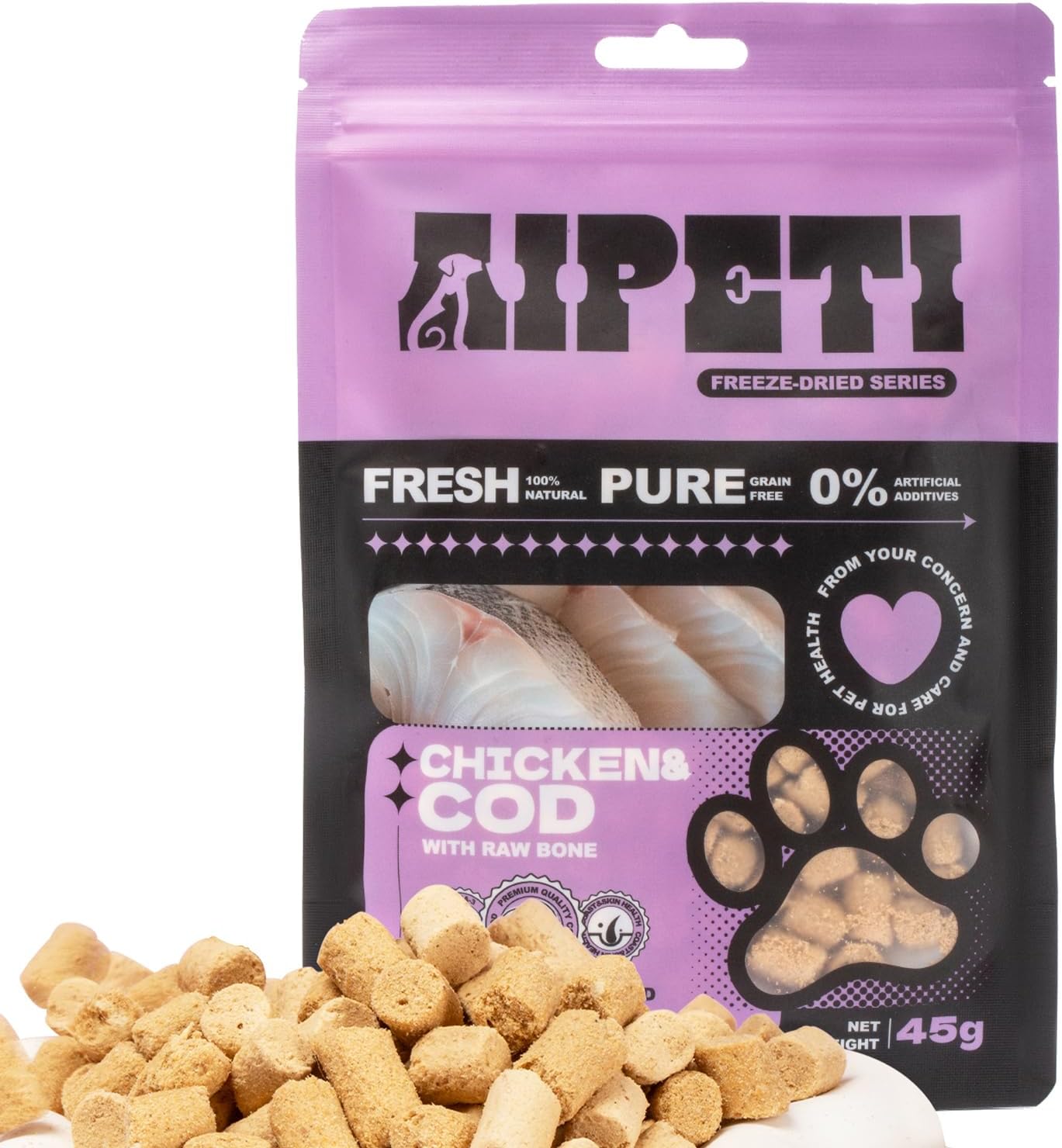 Freeze Dried Chicken & Cod Treats for Cats & Dogs, Premium Quality High Protein Training Treats, Grain Free, Gluten Free, Filler Free, Supports Eye, Skin & Coat Health