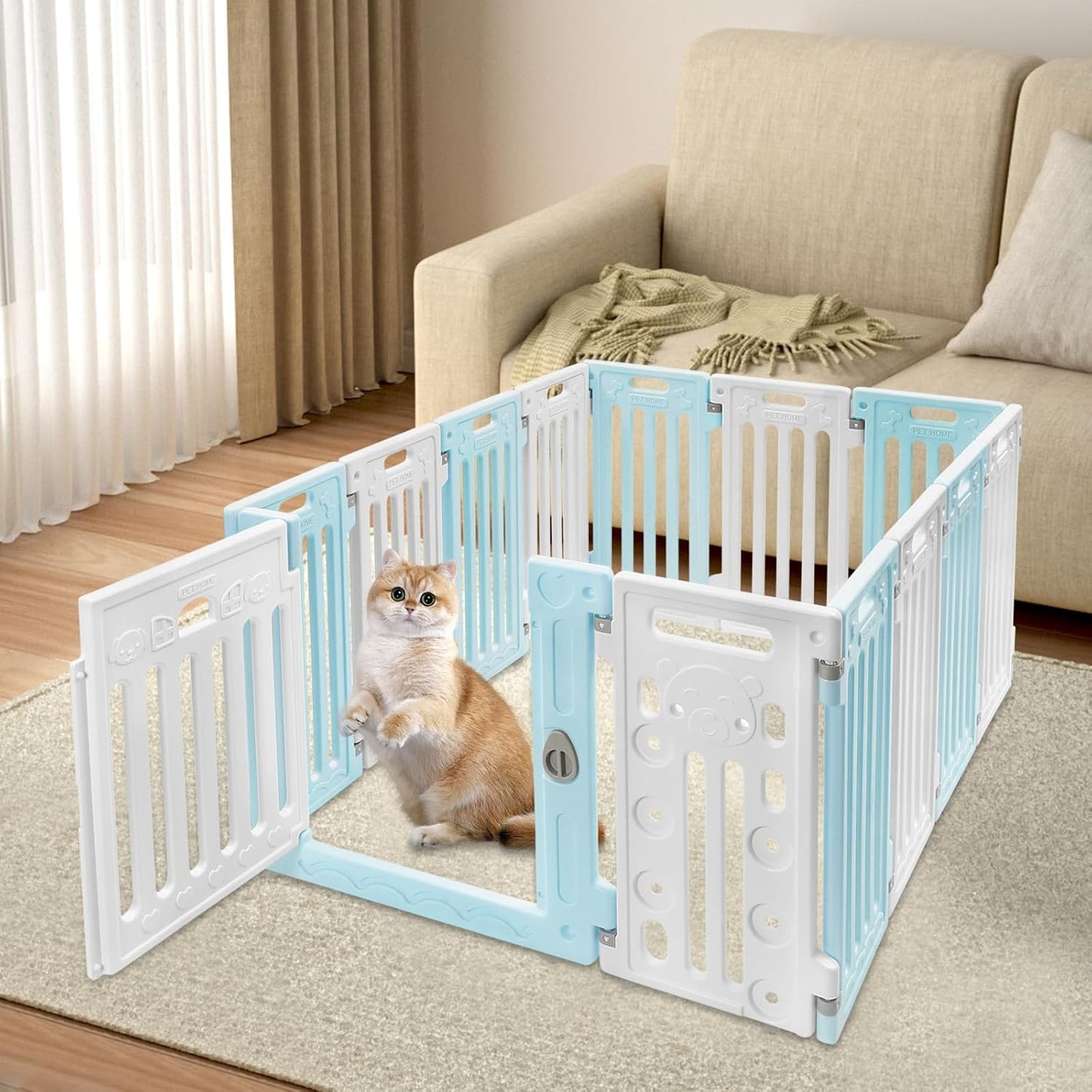 Dog Playpen with Door, 12 Panels Pet Safety Fence Foldable Puppy Pen Indoor Dog Fence, Plastics Enclosure Dog Pen Indoor for Small Dogs and Cats, Easy Assemble (Blue)