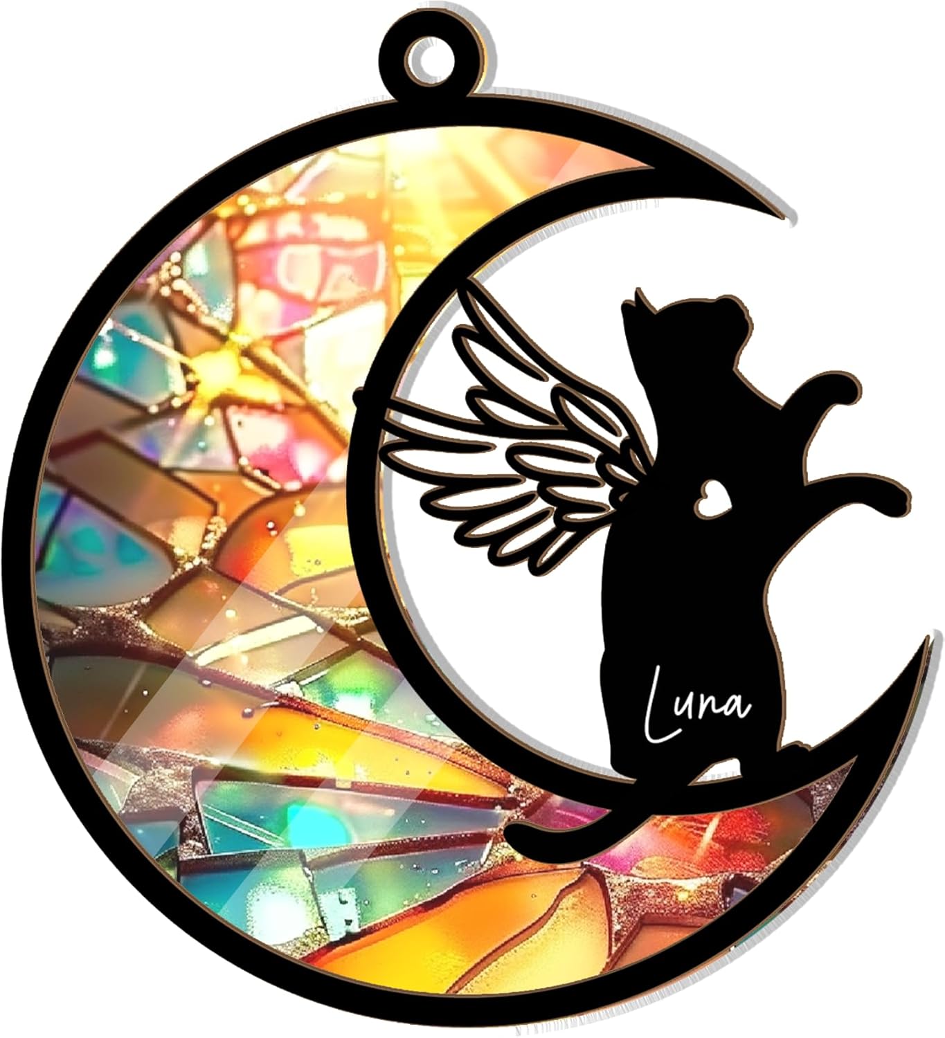 Personalized Cat Memorial Suncatcher – Crescent Moon Pet Loss Ornament with Angel Wings & Heart Cutout – Custom Rainbow Stained Glass Cat Bereavement Gift for Window, Mirror, or Sympathy Display