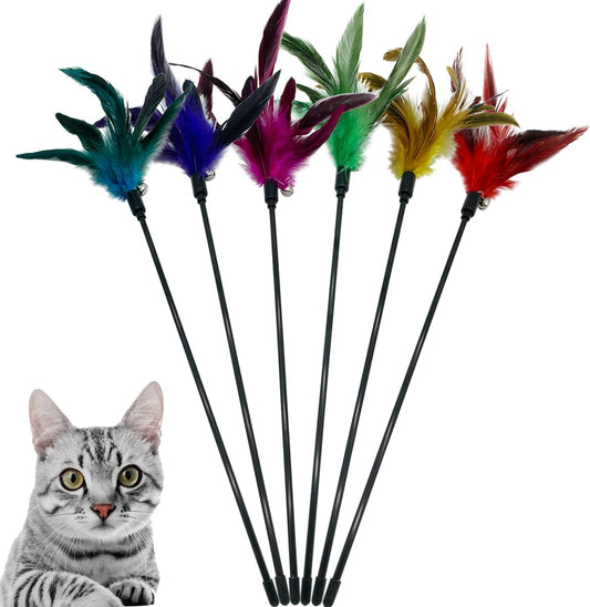 Cat Wand Toy Feather Stick Cat Toys, 6 Pieces Interactive Cat Toy Feathers Wand for Indoor Cats (A)