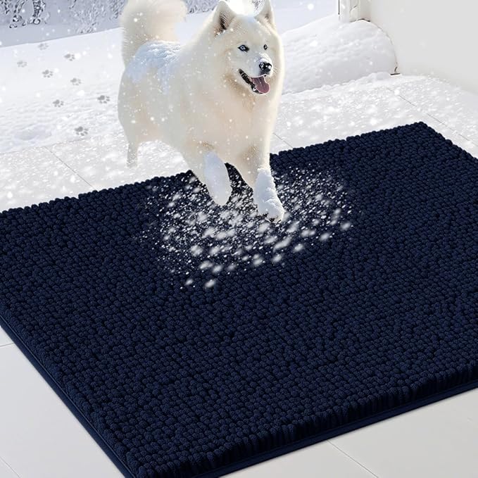 Dog Door Mats for Muddy Paws, Chenille Absorbent Door Mats, Non Slip Heavy Mud Mat for Dogs, Soft Indoor Door Mat for Entryway, Mud Paws, Inside Floor,36" X 24", Navy Blue