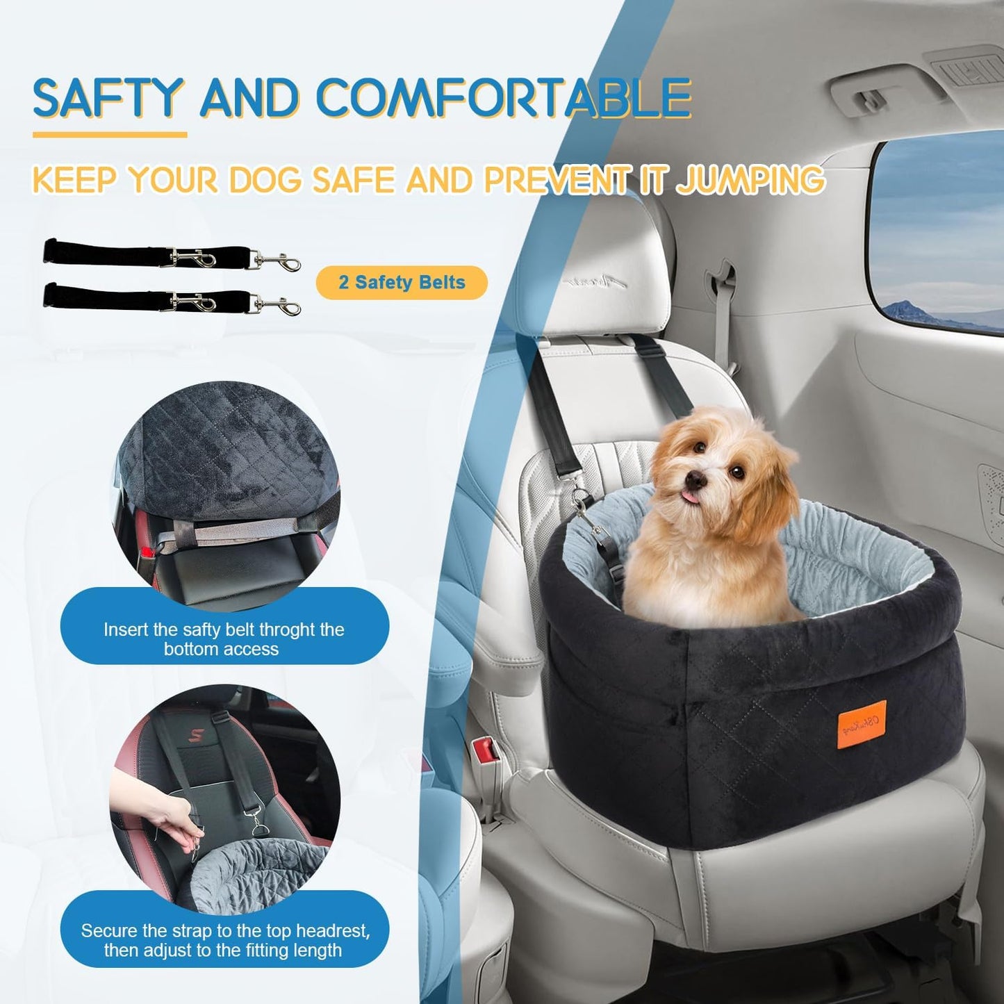 Cozy Dog Car Seat for Small Dogs Up to 30lbs, Elevated Memory Foam Booster Seat, Pet Travel Bed with Washable Removable Cover & Storage Pockets (Black&Brown)