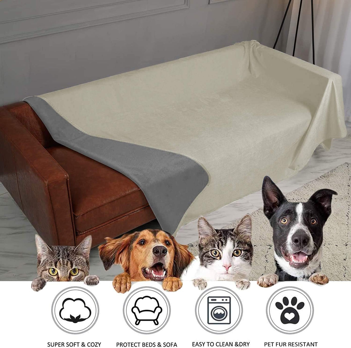 Ameritex Pet Bed Blanket Reversible 100% Waterproof Velvet Super Soft for Sofa and Bed (68x82 Inches, Cream+Grey)