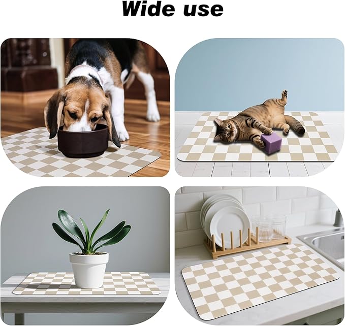 Checkered Pet Feeding Mat, Absorbent Dog Mat for Food and Water Bowls Dispenser 12" x 20" Khaki