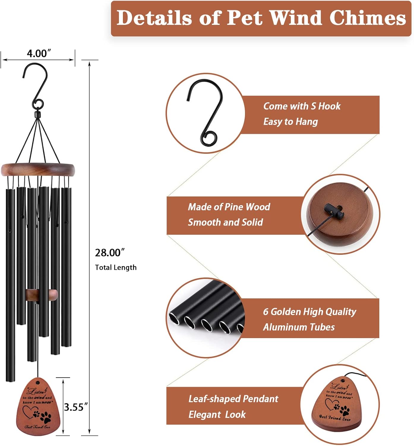 Dog Memorial Gifts, 28" Pet Memorial Wind Chimes, Loss of Dog Sympathy Gift, Pet Loss Passing Away Remembrance Bereavement Gift