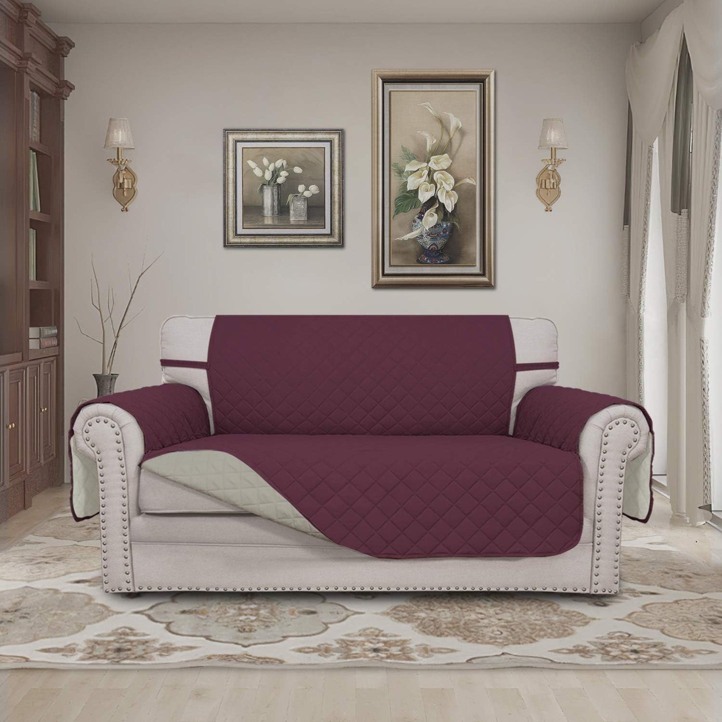 Easy-Going Reversible Loveseat Couch Cover for 2 Cushion Couch Sofa Cover for Dogs Water Resistant Furniture Protector with Foam Sticks Elastic Straps for Pet (Loveseat, Wine/Beige)