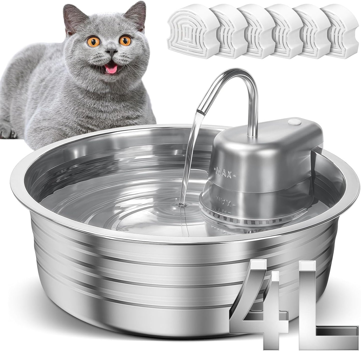Cat Water Fountain, 4L/135OZ Stainless Steel Pet Fountain with 6 Filters & 6 Sponges Dog Water Dispenser, Dog Water Bowl Cat Drinking Fountains Watering Supplies with Ultra-Quiet Pump for Pets Indoor
