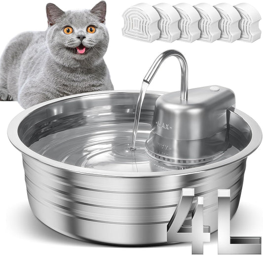 Cat Water Fountain, 4L/135OZ Stainless Steel Pet Fountain with 6 Filters & 6 Sponges Dog Water Dispenser, Dog Water Bowl Cat Drinking Fountains Watering Supplies with Ultra-Quiet Pump for Pets Indoor